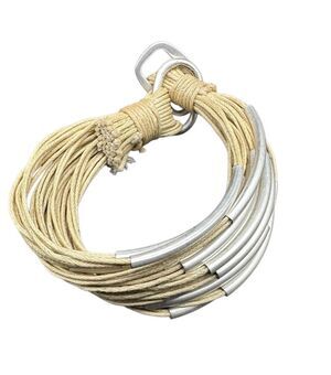 Beige Bracelet Cotton braid metal Silver tone toggle Lock 6"